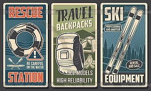 Tourist equipment, camp and skiing gear banners - vector clipart