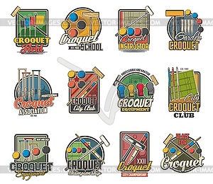 Croquet sport game ball, mallet and wicket icons - vector clipart