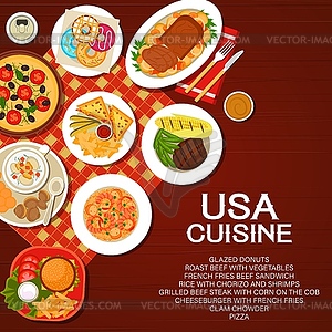 USA food menu cover, American cuisine dishes meals - color vector clipart