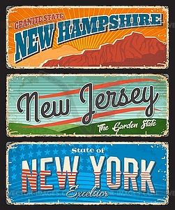 USA states travel, tourism rusty metal signboards - vector clipart