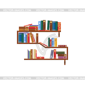 Bookcase, bookshelf with books, library shelves - vector image