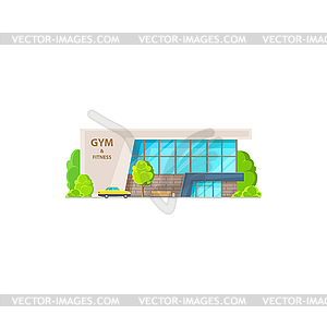 Fitness center building, taxi on parking - vector clip art