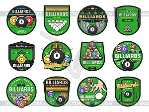 Billiards or pool sport icons, cues, balls, tables - vector clip art