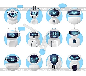 Иконки чат-бота, роботы-чат-боты с пузырем сообщений - стоковое векторное изображение
