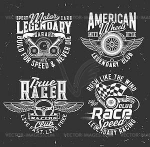 Car rally race tshirt prints with flag and wheel - vector image