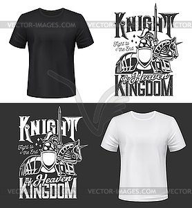 Tshirt print with knight riding horse with sword - vector image