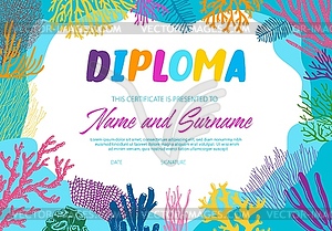 Diploma with underwater seaweeds template - vector clipart