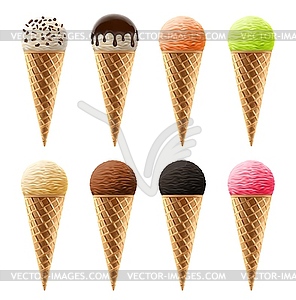 Ice cream in waffle cones realistic icons - vector clipart