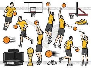 Basketball icons of players and sport game items - vector image