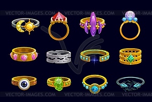 Magic rings and fantasy game jewelry, cartoon ui - vector clipart