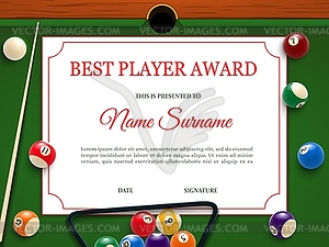 Billiard tournament best player diploma template - vector clipart / vector image