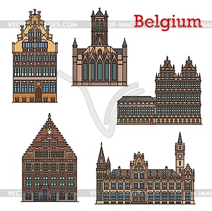 Достопримечательности Бельгии, туристическая архитектура Гента - векторное изображение EPS