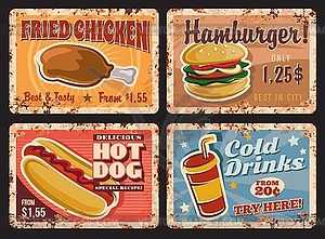 Fast food cafe meals and drinks rusty metal plate - vector image