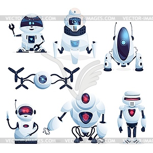 Alien life robots, future drones and android toys - vector image