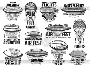 Air show, flight tours and aeronautics retro icons - vector EPS clipart