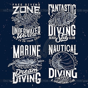 Tshirt print with sketch sea shells and corals set - vector image