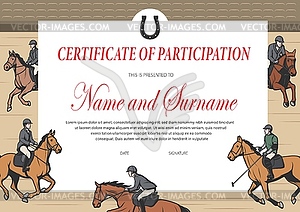Certificate of participation in horse race diploma - vector clipart