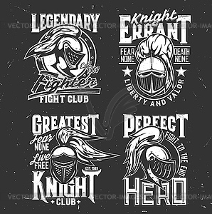 Tshirt prints with knight heads mascots set - vector image