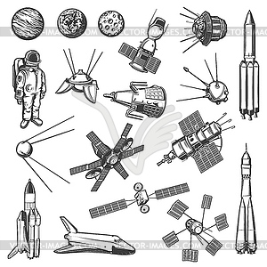 Artificial satellite, spaceship and astronaut icon - royalty-free vector clipart