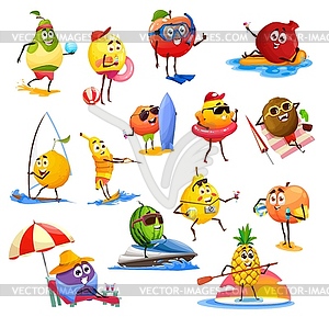 Fruit characters, summer leisure activity, travel - vector clipart