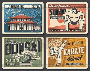 Religion of japan, sumo, bonsai and karate banner - vector clipart