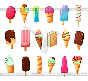 Иконы мороженого, вафельные рожки, шоколадные десерты - клипарт