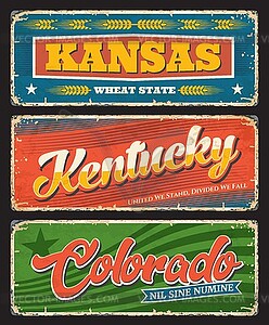 Кентукки, Канзас и Колорадо, США, штатные старые тарелки - стоковое векторное изображение