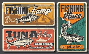 Fishing, fishes and fisherman rod posters, retro - vector clipart