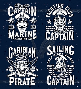 Tshirt prints with captains and pirate mascots - vector clipart