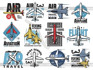 Airplane pilot school, aviation icons - vector image