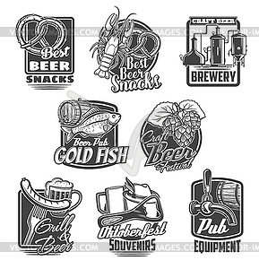 Beer brewing festival, pub snacks icons - vector image