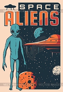 Space aliens UFO spaceship retro banner - vector clipart