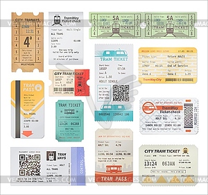 Винтажные и современные билеты на трамвай, qr-код - изображение в векторном формате
