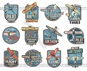 Pilot school and aviation show icons - vector EPS clipart