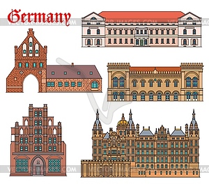 Архитектура достопримечательности Германии в Шверине, Висмар - векторный клипарт Royalty-Free