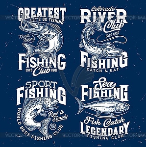 Fishing sport t-shirt prints of salmon, pike, tuna - vector image