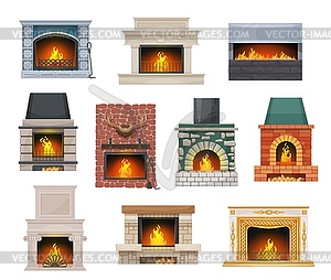 Modern and classic open hearth fireplaces - vector clipart