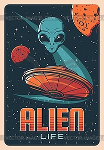 Alien head, space planets and ufo retro - vector image