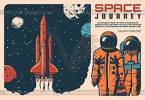 Astronauts and spaceship. Galaxy explore journey - vector image