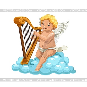 Cartoon cupid angel playing harp on cloud - vector clipart