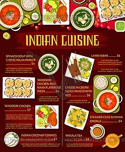 Indian food dishes with meat and vegetables menu - vector image