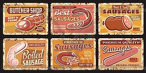 Sausages, butcher shop food metal plates - vector clip art