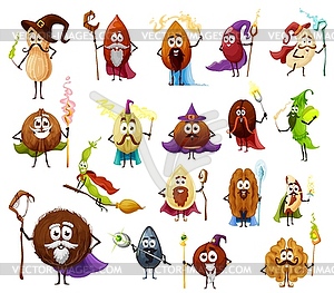 Nut, seed and bean magicians, wizard characters - vector clipart