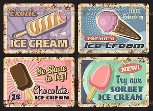 Ice cream rusty metal plates. Sweet dessert - vector clipart