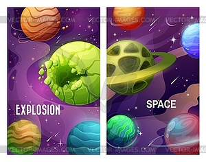 Space explosion, cartoon planets and meteorites - vector image