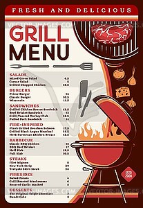 Grill menu with bbq food, barbecue cafe - vector image