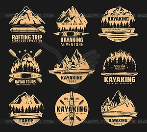 Kayaking, rafting club and canoe sport icons - vector image