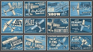 Aviation show, airplanes and aviator club posters - vector clipart