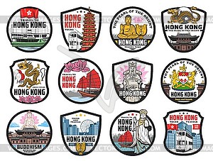 Hong Kong landmarks, culture and religion icons - vector image