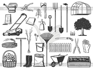 Gardening tools, farming items and equipment - vector clipart